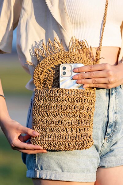 Hipnoz Medya ve Sanat Straw Colored Tasseled Cross Shoulder Bag - Hand Knitted and Paper Thread