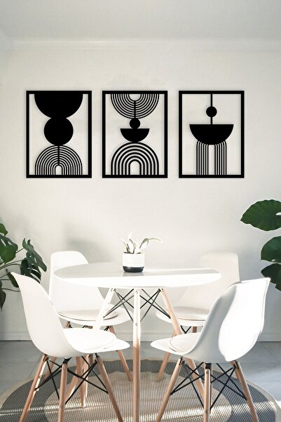 Genel Markalar Bohem Soyut Dekoratif 3 lü 3 mm Siyah Tablo Ahşap Duvar Süsü H...