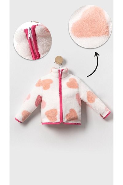 aden kids Warm in Winter!Girl's Large Plush Cardigan - Heart Patterned Zippered Children's Coat Models