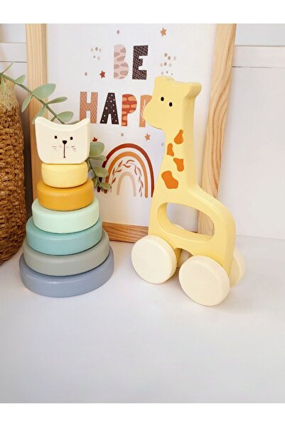 tinyminywoods Bebeğimin Ilk Oyuncakları Ahşap Dekor Oyuncak Sevimli Zürafa (SARI) Ve Kedili Halka Kule(MAVİ)