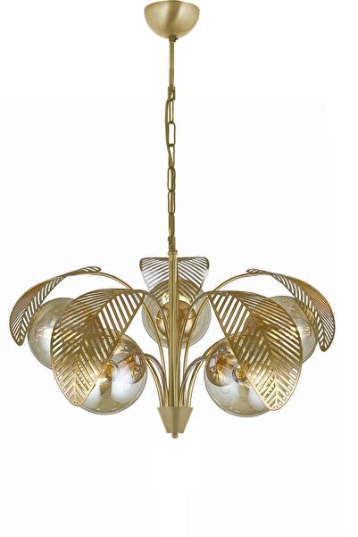 Ömür Avize Made Modern Tasarım Lazer Yapraklı Bal Globe Camlı Beşli Avize