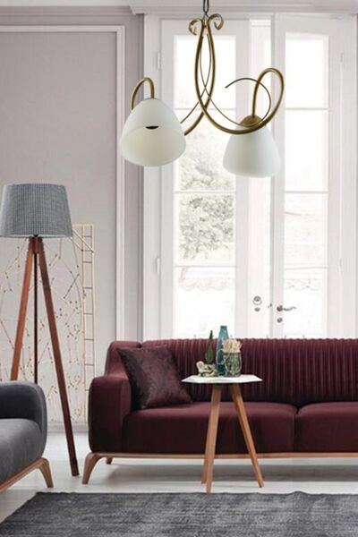 Ömür Avize Betül Modern Eskitme Rengi Kasa Beyaz Opal Camlı Ikili Avize