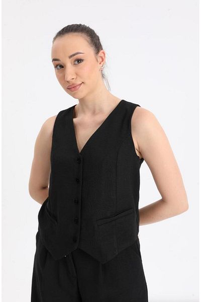 Su Moda Women's Buttoned Linen Vest with Back Lacing Detail