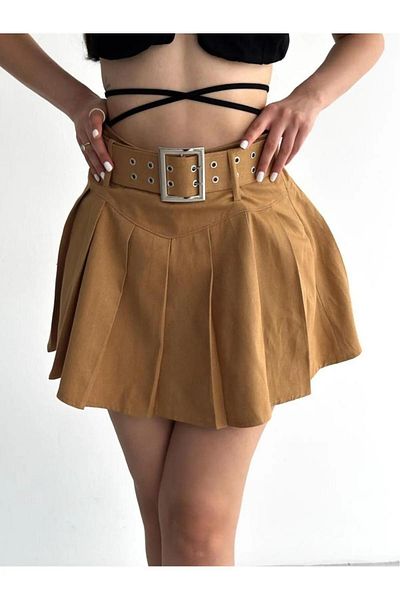 Winmoda34 Γυναικεία Μίνι φούστα με χοντρή ζώνη βιζόν με λεπτομέρεια πλισέ σορτς