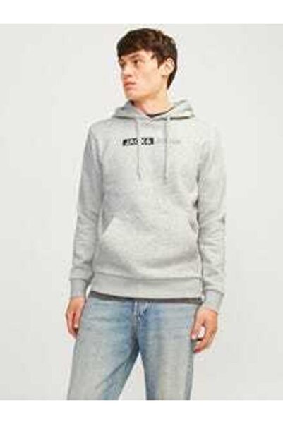Jack & Jones Erkek Kapüşonlu Sweatshirt-Gri Melanj