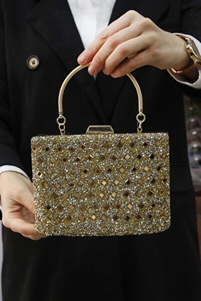 ROZA CANTA Pochetă de damă cu rochie de seară din piatră aurie