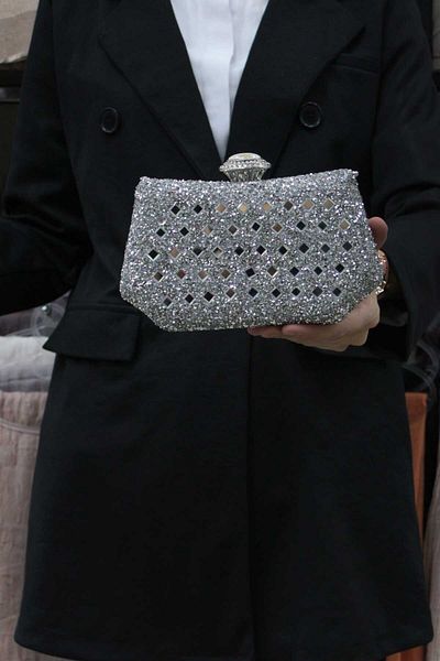 ROZA CANTA Γυναικεία Ασημένια Πέτρα Βραδινό Φόρεμα Clutch Τσάντα Portfolio