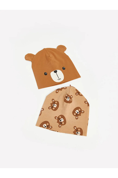 LC Waikiki LCW baby Açık Kahverengi Baskılı Erkek Bebek Bere 2'li