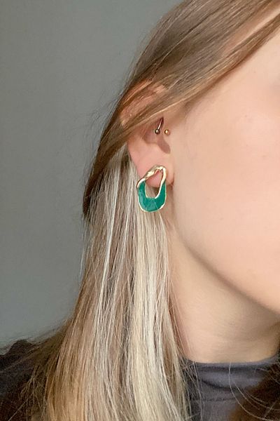 Glaren Asymmetric Green Enameled Gold Color Women's Earrings