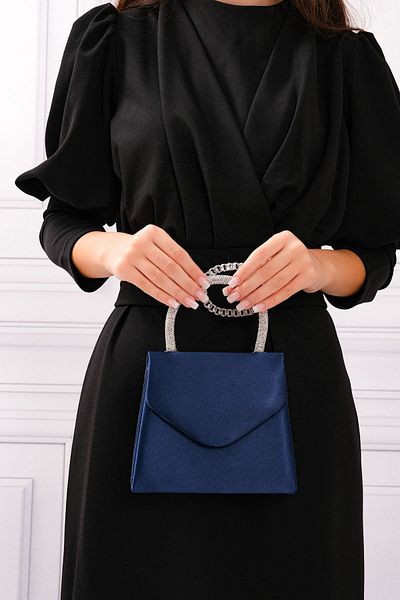 ROZA CANTA Women's Navy Blue Satin Stone Handle Detailed Evening Shoulder Bag