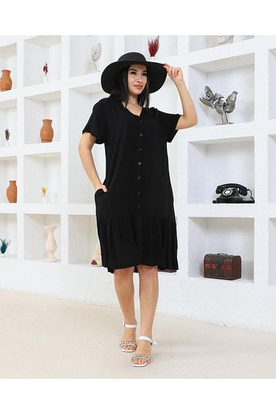 HANIMCA GİYİM Viscose Women's Dress - Buttoned and Ruffled, Half Sleeve