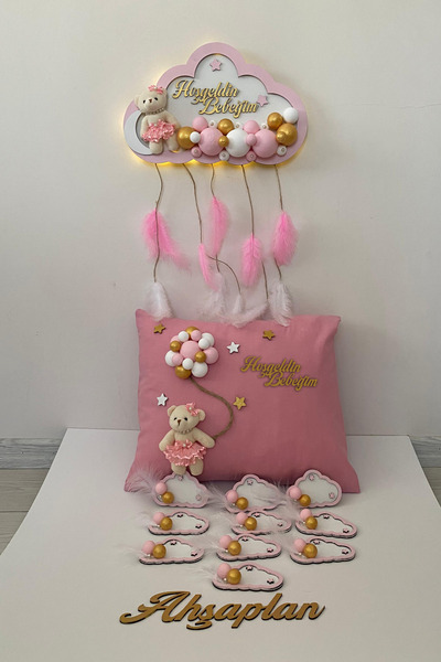 Ahşaplan Bubble Ledli Bebek Bulut Kapı Süsü Yastık ve Bulut Magnet Takımı | Bebek Odası Yeni Doğan Takımı