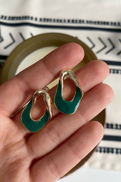 Glaren Asymmetric Green Enameled Gold Color Women's Earrings