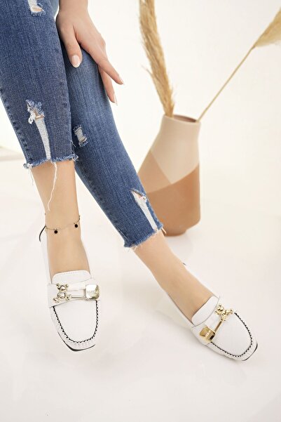 Modafırsat Women's Flats White Buckle Lightweight Comfortable Stylish Business Office Daily Shoes