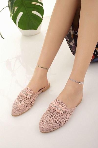Modafırsat Women's Jewelled Slippers Pink Closed Front Lace Knitwear Knitted Stone Detailed Stylish Dowry Home Beach Vacation Slippers