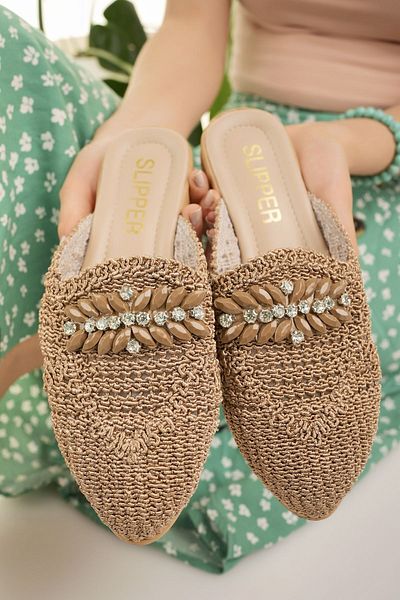Modafırsat Women's Straw Slippers Tan Closed Front Knitted Lace Knitwear Stone Detailed Stylish Summer Dowry Beach Vacation Slippers