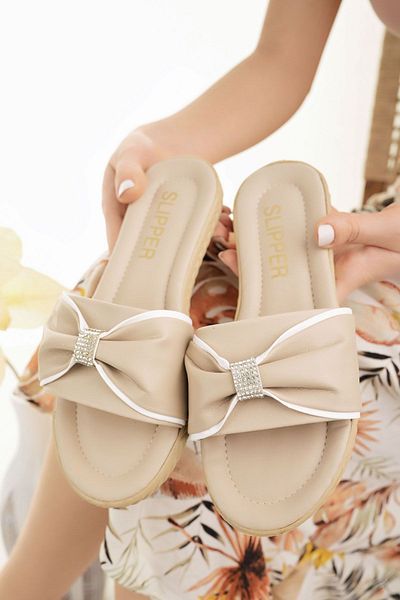 Modafırsat Women's Beige Slippers with Stone Ribbon Bow Detail Stylish Summer Dowry Home Beach Vacation Slippers