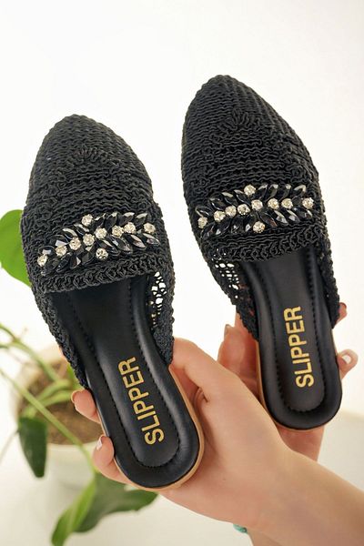 Modafırsat Women's Black Jewelled Slippers Closed Front Lace Knitwear Knitted Stone Detailed Stylish Dowry Home Beach Vacation Slippers