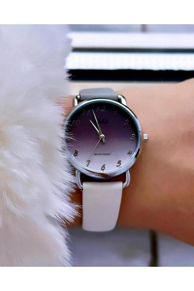 Q&Q Black and White and Metal Frame Gradient Elegant Wrist Watch - Vegan Leather