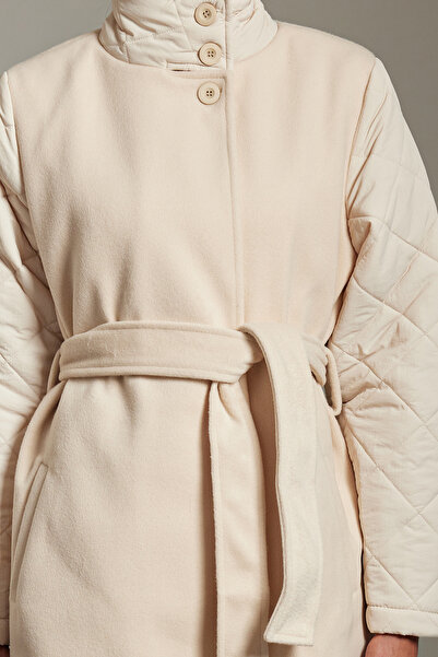 Trendyol Collection Stand Collar Ecru Oversize Woolen Coat - Garni Detailed Sleeves, Twoaw25kb00011