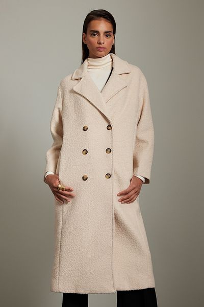 Trendyol Collection Dlouhý vlněný kabát Regular Boucle - Světle béžový Twoaw25kb00034