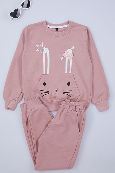 TRENDYOLKIDS طقم سويت شيرت وسروال رياضي بناتي من القطن بطبعة أرنب - TKDAW25AU00027