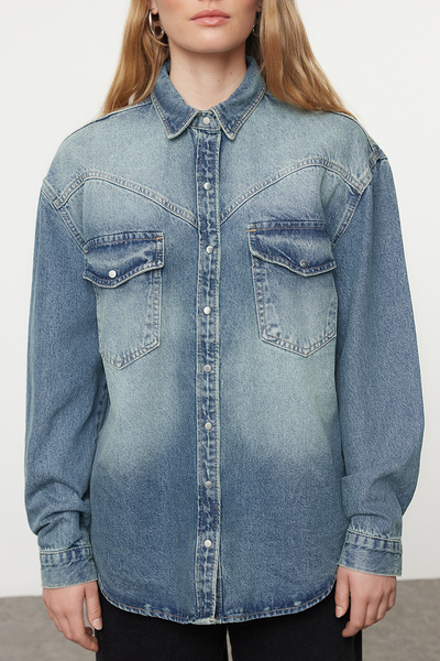 Trendyol Collection Vintage sötétkék farmer ing - halvány hatású, TWOSS23GO00227