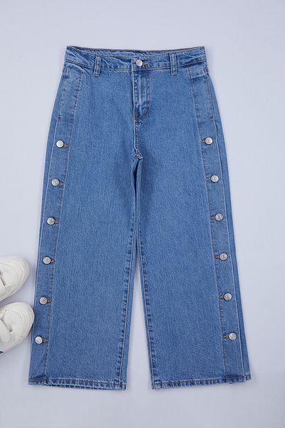 TRENDYOLKIDS Pantaloni din denim din bumbac brodat cu picioare largi pentru fete albastre TKDAW25PL00000