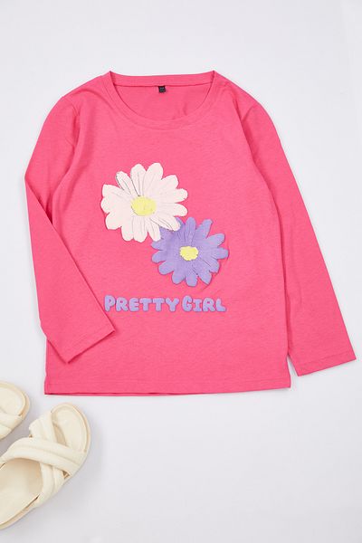 TRENDYOLKIDS 3 részes lány nyomott pamut pólókészlet - púder, ekrü, fukszia TKDAW25TS00011