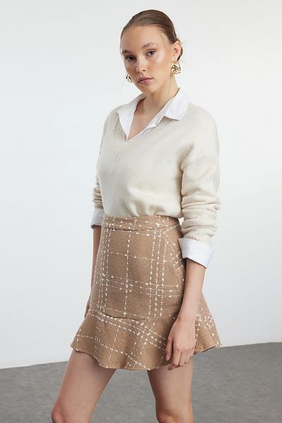 Trendyol Collection Μίνι φούστα Camel με ύφασμα Tweed - Λεπτομέρεια βολάν, υφαντό, TWOAW22ET0448