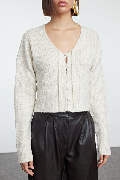 Trendyol Collection Soft Textured Stone Crop Knitwear Cardigan - Twoaw25Hi00252 with Tie Detail
