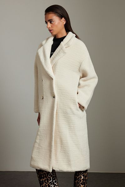 Trendyol Collection Oversize plyšový kabát – Ecru s dvojitým zapínáním, TWOAW25KB00013