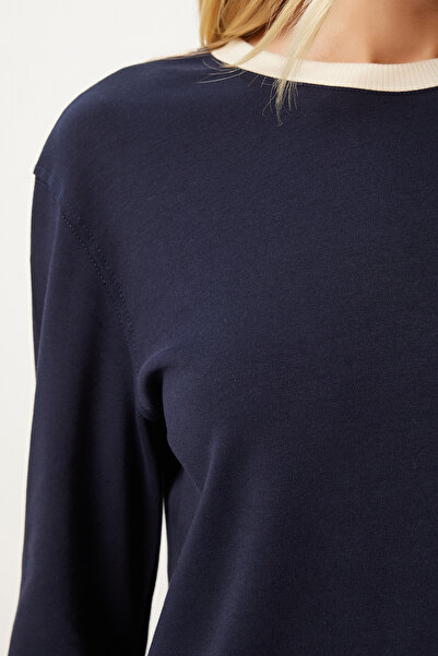 Happiness İstanbul Sötétkék kontrasztgalléros pamut női blúz - Nj00157