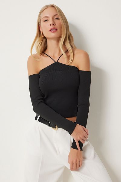 Happiness İstanbul Black Cross String Women's Knitwear Blouse - Fn03340