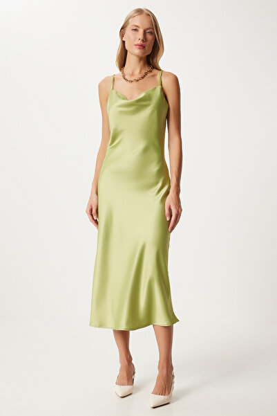 Happiness İstanbul Pisztácia zöld szatén ruha - Degaje gallér, felület - Fn03300