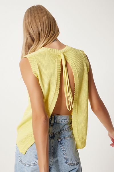Happiness İstanbul Gelbe Strickbluse für Damen mit tiefem Ausschnitt und Schleife hinten - FN03317