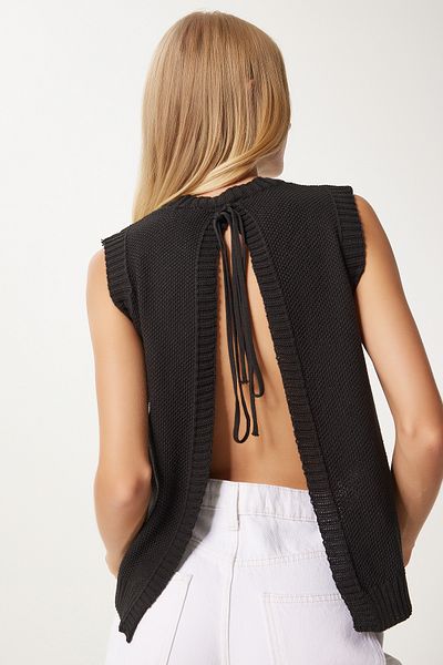 Happiness İstanbul Black Knitwear Blouse - Backless and Bow Fn03317