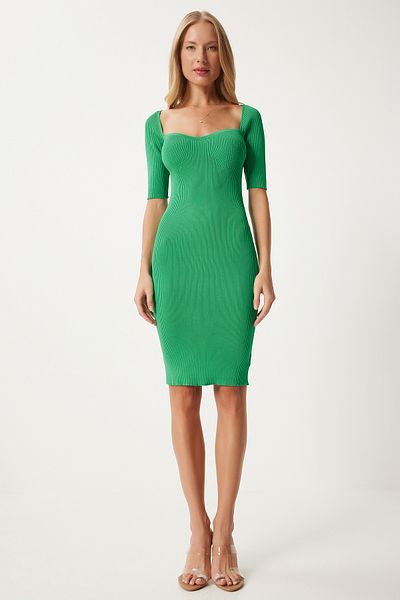 Happiness İstanbul Green Corded Saran Mini Knitwear Γυναικείο φόρεμα - Heart Collar Fn03342