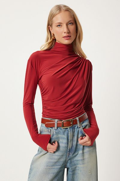 Happiness İstanbul Damen-Bluse mit gefliestem Kordelzug und detailliertem hohem Kragen in Sandfarben FF00135