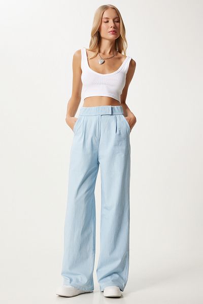 Happiness İstanbul Hellblaue Palazzo-Hose für Damen – Bequemer Klettverschluss in der Taille Kq00005
