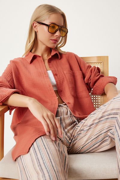 Happiness İstanbul Übergroßes Musselin-Shirt für Damen - Pfirsichfarbenes Basismodell Mx00150