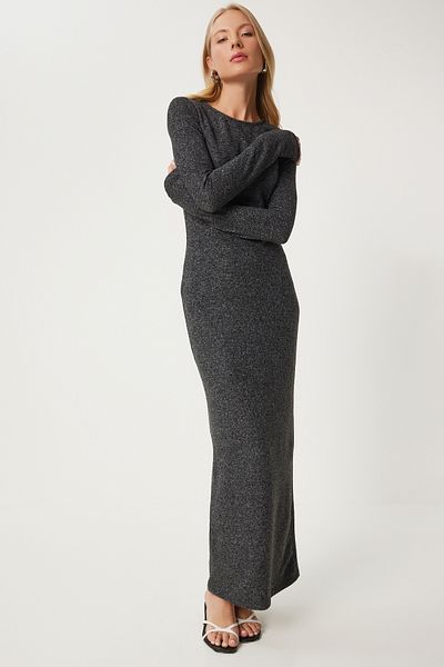 Happiness İstanbul Anthracite Midi Knitted Dress - Women's Body Wrap Fn03346