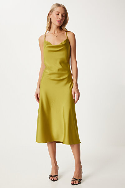 Happiness İstanbul Olajzöld szatén ruha - Degaje gallér, felület Fn03300