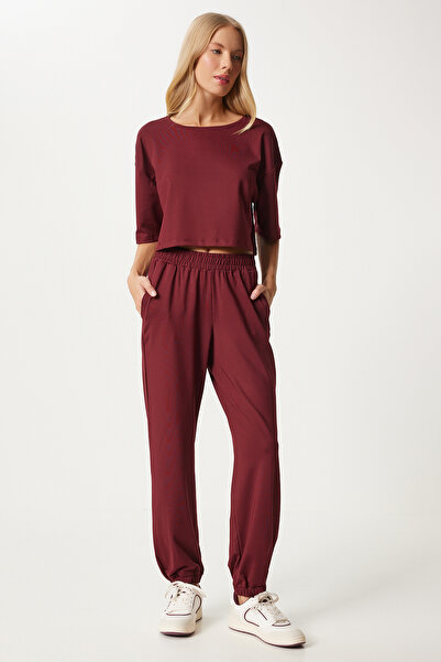 Happiness İstanbul Claret Red Crop T-shirt and Jogger Tracksuit Set - Fn03316