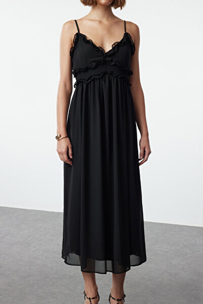 Trendyol Collection Černé květinové maxi tkané šaty A-line TWOSS23EL02013