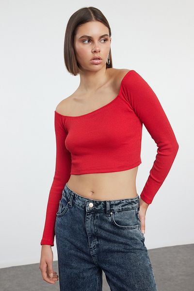 Trendyol Collection Stretchy Corded Red Knitted Blouse - Super Crop Carmen Collar TWOAW23BZ00482