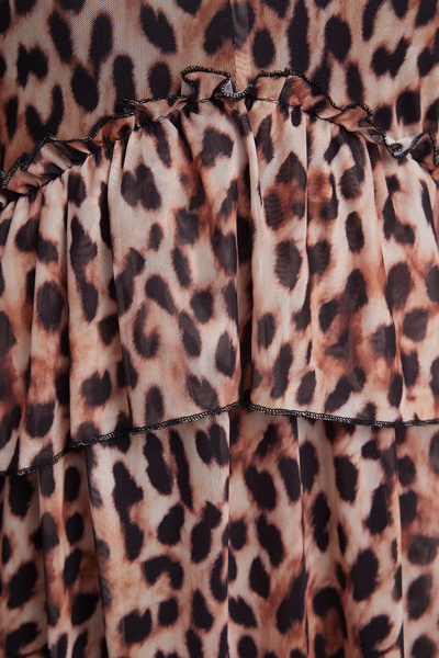 Trendyol Collection Μίνι πλεκτό φόρεμα με μπαλόνι μανίκια σε γραμμή/καμπάνα με λεπτομέρεια από βολάν σε καφέ χρώμα TWOAW25EL00226