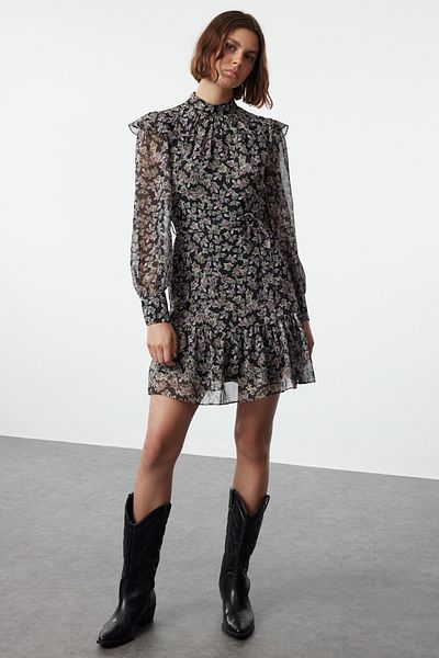 Trendyol Collection Χειμερινό γεωμετρικό υφαντό φόρεμα - Καφέ, TWOAW24EL00740