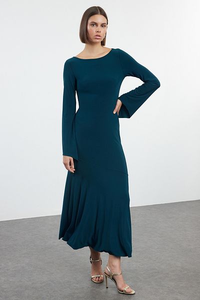 Trendyol Collection Ευέλικτο Πλεκτό Maxi Φόρεμα - Σμαραγδένιο Πράσινο, Ίσιος λαιμόκοψη, Φούστα Flounce TWOAW25EL00115