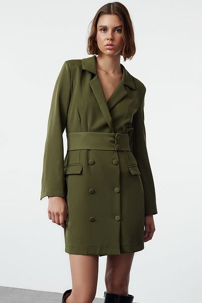 Trendyol Collection Khaki mini szőtt kabát ruha - övvel és gombbal Twoaw24el00497